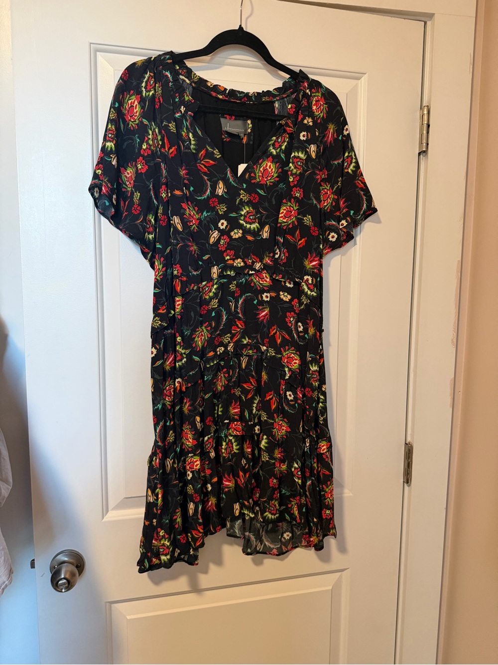 Anthropologie Black Tiered Dress with Red & Green Floral Print